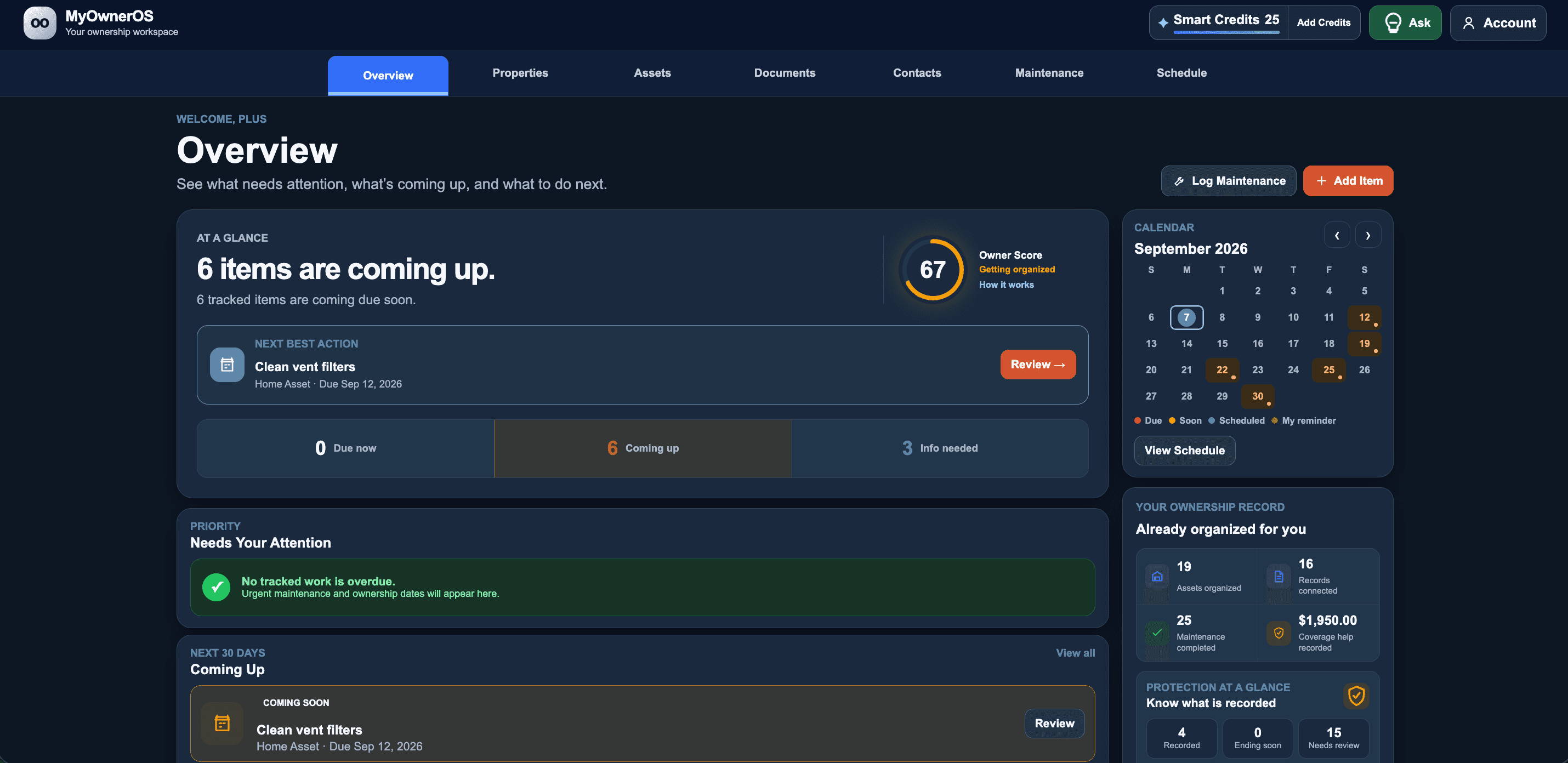 MyOwnerOS Overview with an Owner Score, upcoming work, calendar, and recorded savings